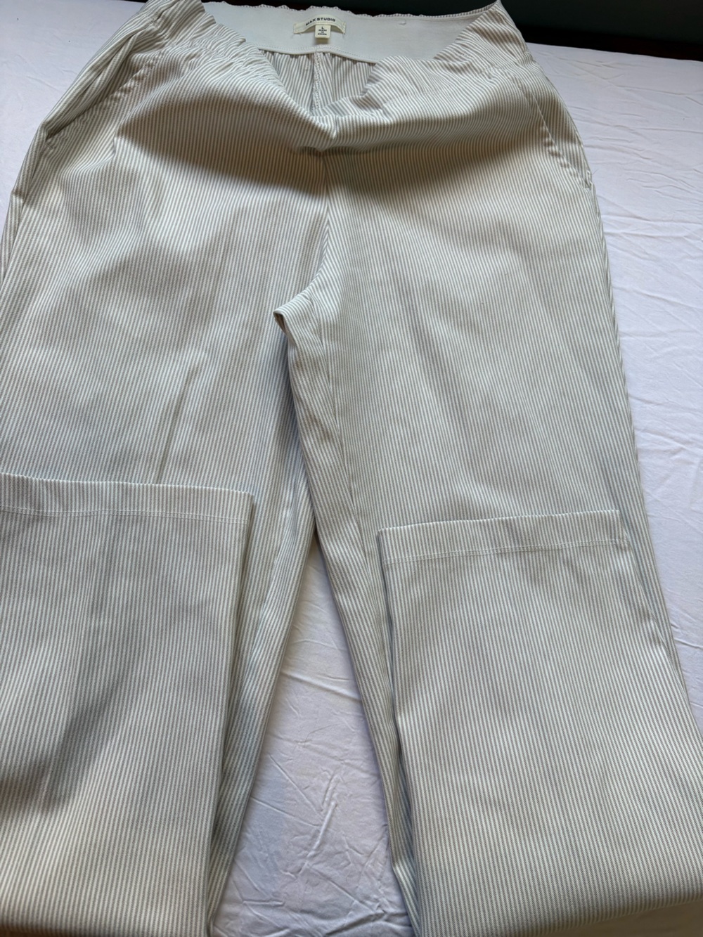 Max Studio Women's Straight Leg Pinstripe Pants in Light Gray and White